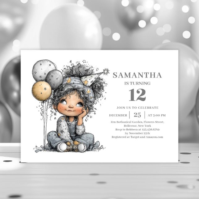 Invitation à la fête d'anniversaire Funny Girl pou (Funny Girl 7th Birthday Black Gold Party invitation)