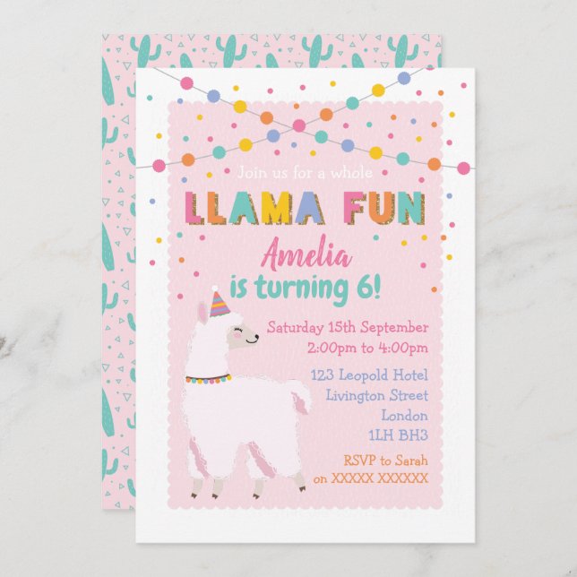 Invitation à la fête d'anniversaire Llama Pink (Devant / Derrière)