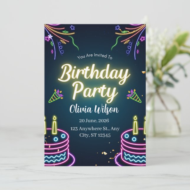 Invitation à la fête d'anniversaire Neon Glow | So (Debout devant)