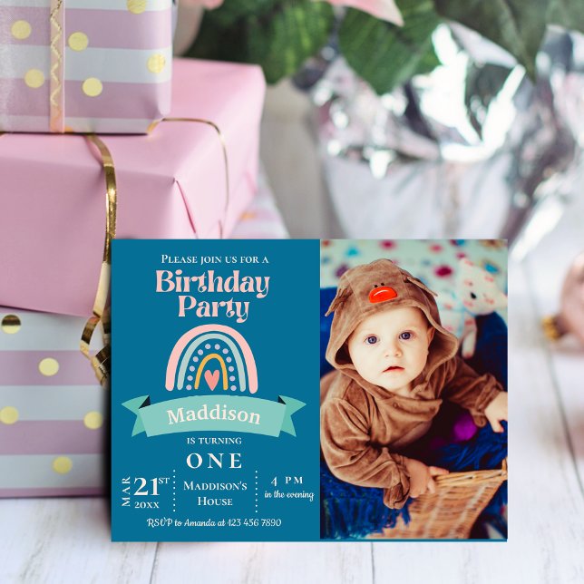 Invitation à la fête d'anniversaire pour le jalon  (Unicorn Rainbow Photo Birthday Party Invitation Postcard)