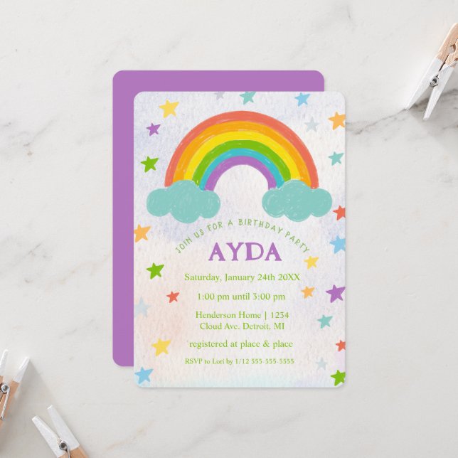 Invitation à la fête d'anniversaire Rainbow (Devant/Arrière en situation)