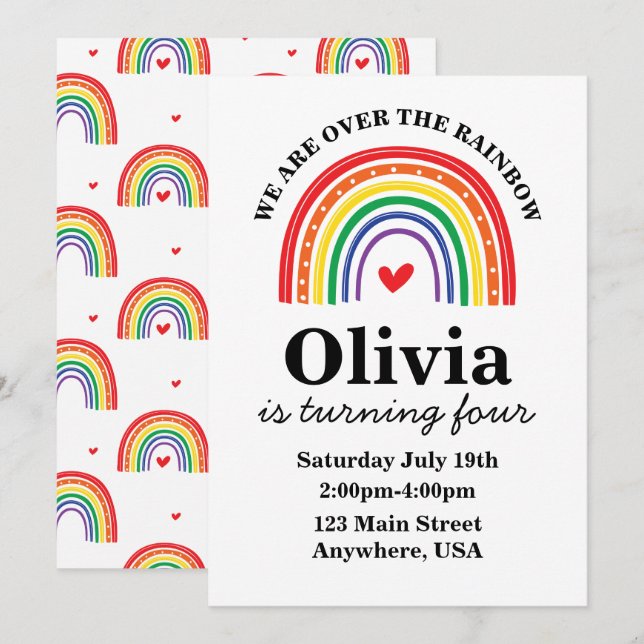 Invitation à la fête d'anniversaire Rainbow (Devant / Derrière)