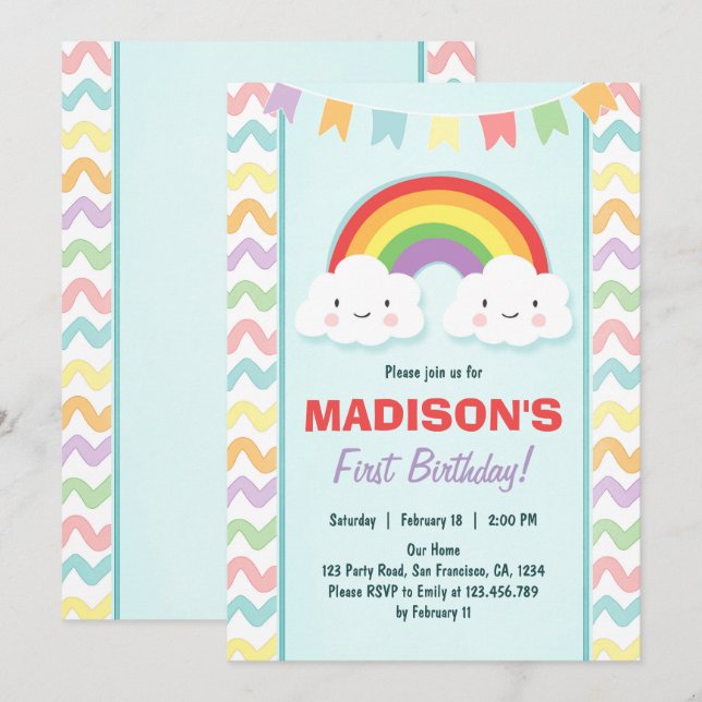 Invitation à la fête d'anniversaire Rainbow (Devant / Derrière)