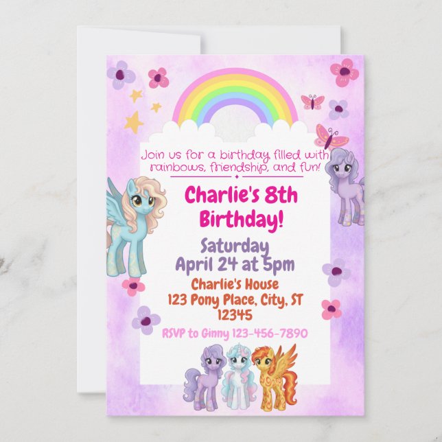 Invitation à la fête d'anniversaire Rainbow Pony (Devant)