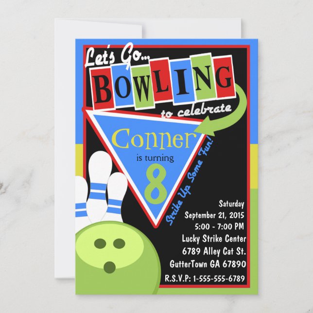 Invitation à la fête d'anniversaire Retro Bowling (Devant)