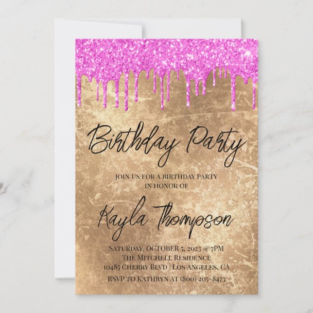 Invitation à la fête d'anniversaire rose or (Devant)