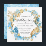 Invitation à la fête d'anniversaire Sea Blue Gold<br><div class="desc">Personnalisez l'invitation Under the Sea Blue and Gold Birthday Party Invitation avec hippocampes,  étoiles de mer,  coquillages et récifs coralliens. Pour une personnalisation plus avancée de ce design,  veuillez cliquer sur le bouton "Customiser" ci-dessus! Des éléments correspondants sont également disponibles.</div>