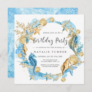 Invitation à la fête d'anniversaire Sea Blue Gold