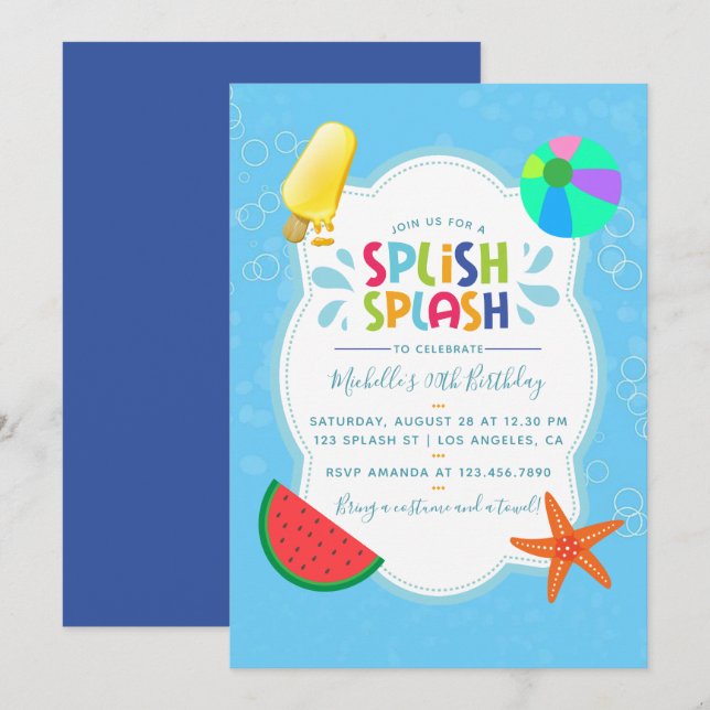 Invitation à la fête d'anniversaire Splish Splash (Devant / Derrière)