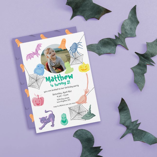 Invitation à la fête d'anniversaire sur le thème d (Halloween-themed birthday party invitation, customizable with photo, name and party details)