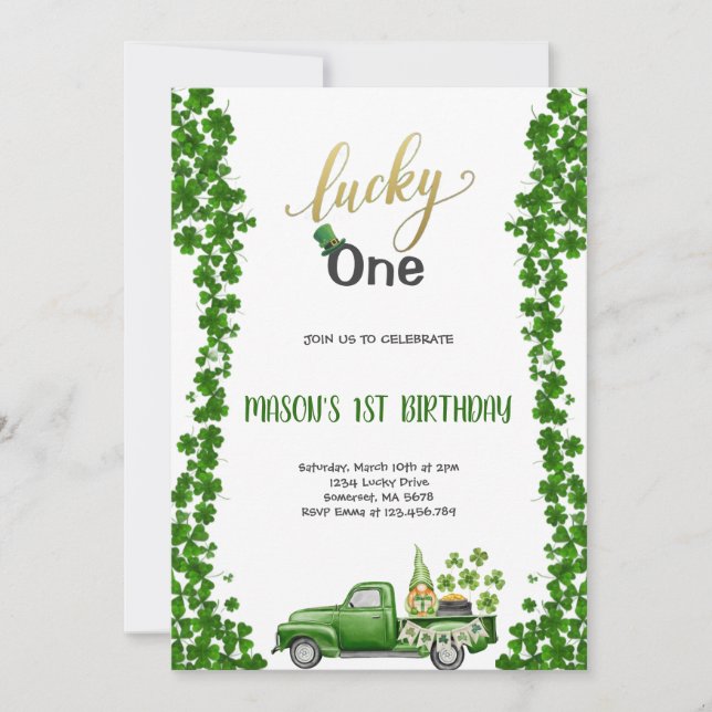 Invitation à la fête d'anniversaire verte de LUCKY (Devant)