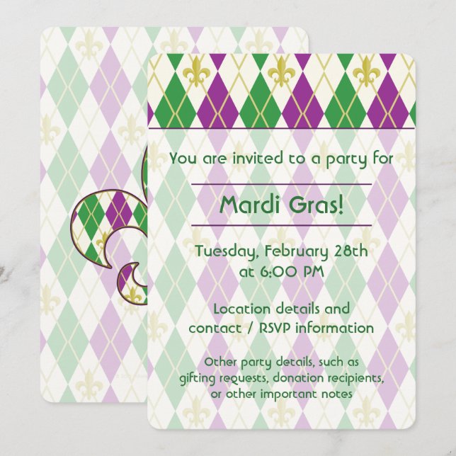 Invitation à la fête d'Argyle de Mardi Gras (Devant / Derrière)