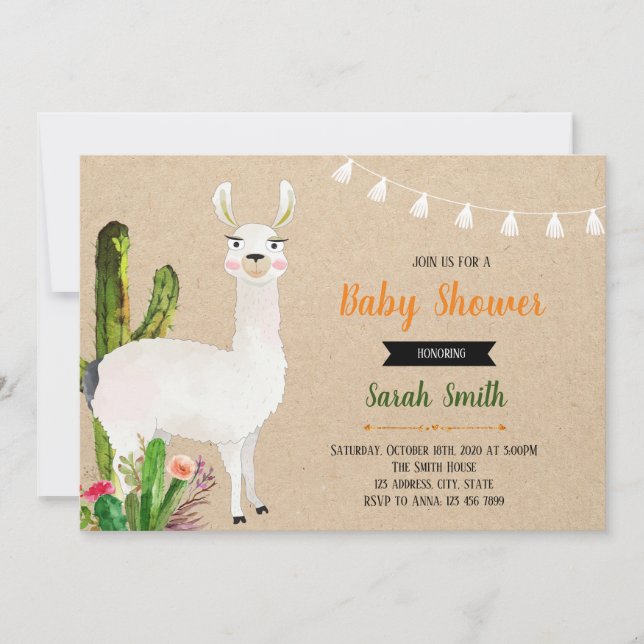 Invitation à la fête de baby shower avec lama (Devant)