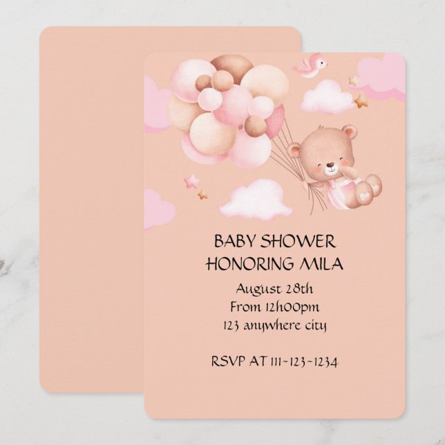 INVITATION À LA FÊTE DE BABY-SHOWER FILLE OURS EN  (Devant / Derrière)