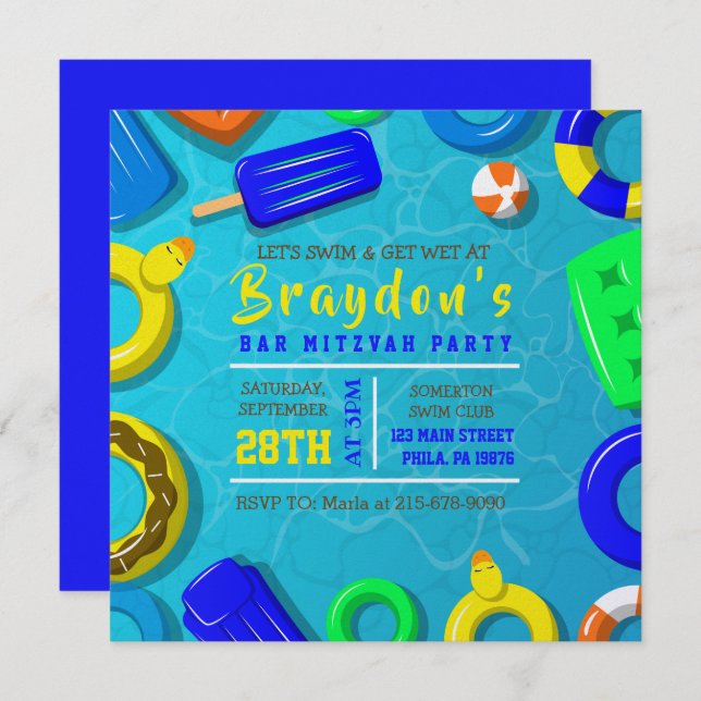 Invitation à la fête de Bar Mitzvah avec FLOTTEURS (Devant / Derrière)