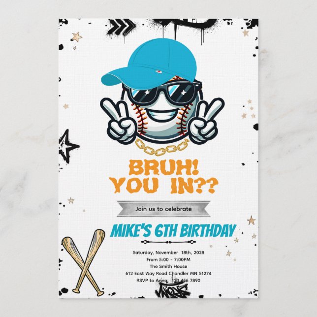 Invitation à la fête de baseball pour ados Bruh (Devant)