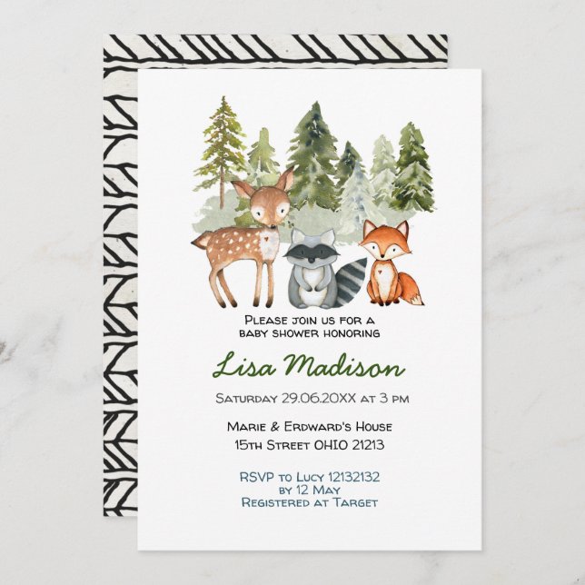 Invitation à la fête de bébé garçon aventure en fo (Devant / Derrière)