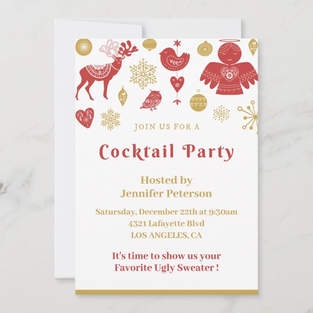 Invitation à la fête de cocktail de Noël Or Rouge  (Devant)