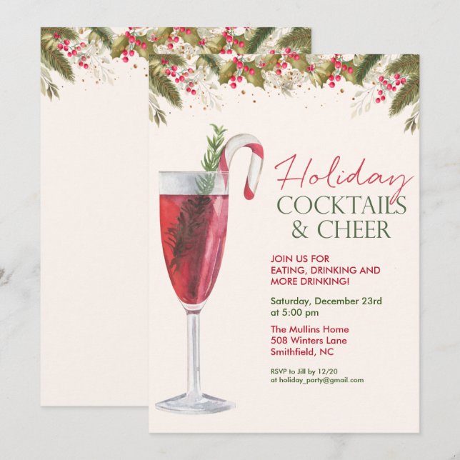 Invitation à la fête de cocktails de Noël Holiday (Devant / Derrière)