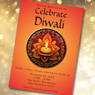 Invitation à la fête de Diya Diwali jaune et rouge