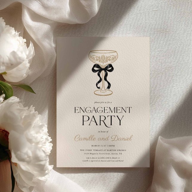 Invitation à la fête de fiançailles Bows & Bubbly (Elegant Champagne Engagement Party Invitation)