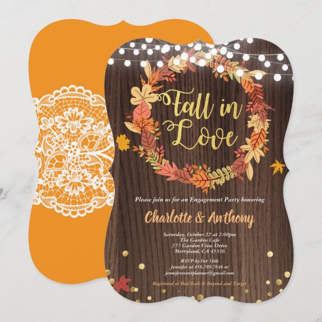 Invitation à la fête de fiançailles Fall in love (Devant / Derrière)