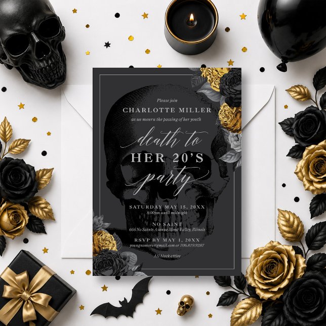 Invitation à la fête de fin de vingtaine noir et o (Créateur téléchargé)