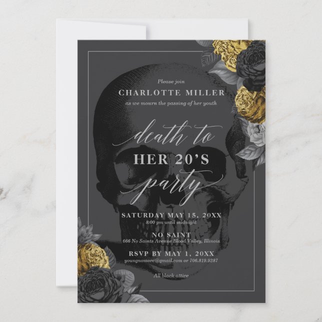 Invitation à la fête de fin de vingtaine noir et o (Devant)