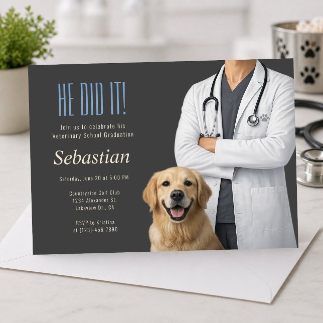 Invitation à la fête de fin d'études de l'école vé (Modern veterinary graduation invite with dog, clean elegant design)