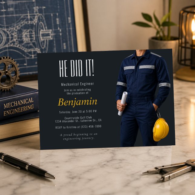 Invitation à la fête de fin d'études d'un ingénieu (Modern mechanical engineer graduation invite with bold, clean, professional design)