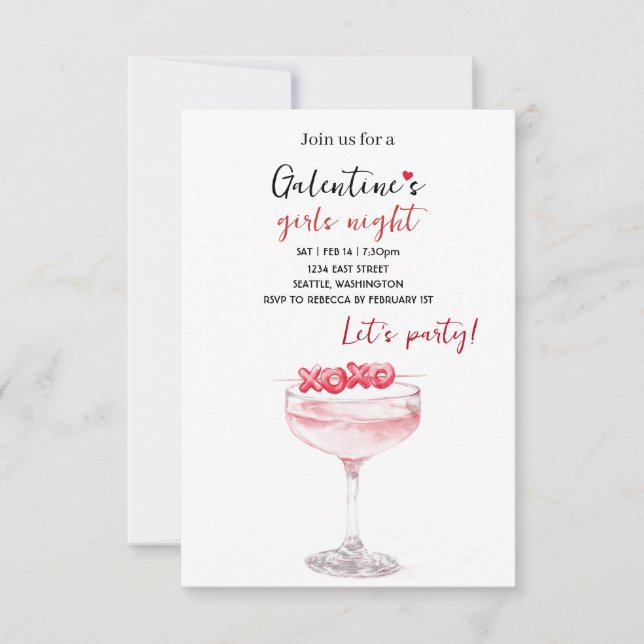 Invitation à la fête de Galentines | Cocktail rose (Devant)