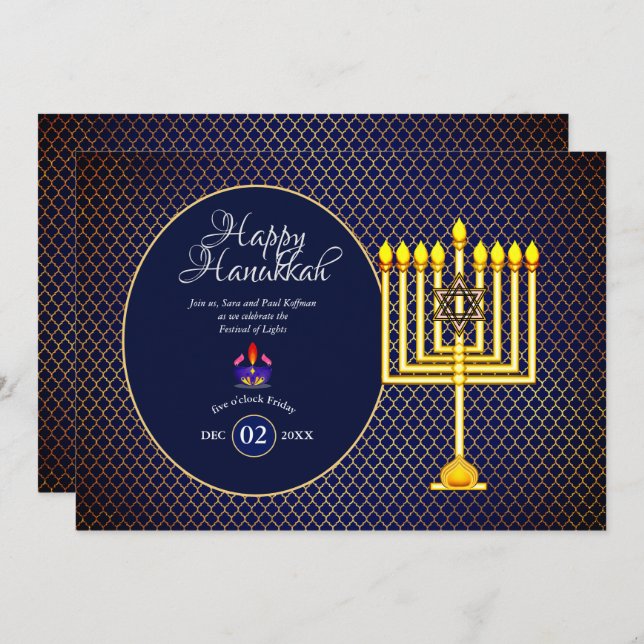 Invitation à la fête de Hanukkah Menorah bleu or 3 (Devant / Derrière)