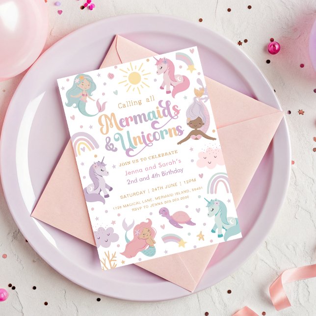 Invitation à la fête de la licorne sirène  (Mermaid and Unicorn Joint Birthday Invitation)