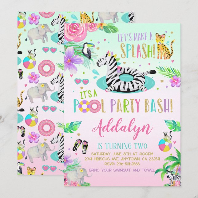 Invitation à la fête de la piscine dans la jungle (Devant / Derrière)