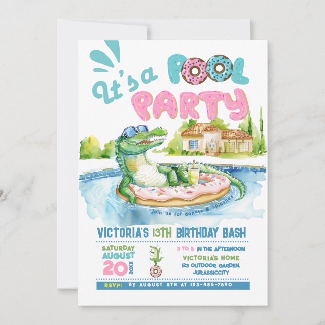 Invitation à la fête de la piscine de Donut croco (Devant)