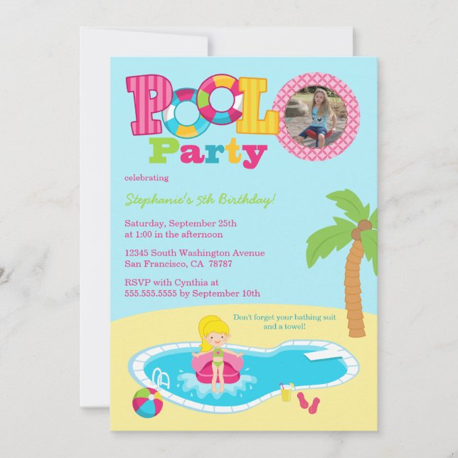 Invitation à la fête de la piscine pour les filles (Devant)