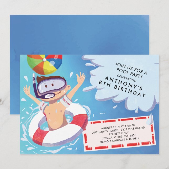 Invitation à la fête de la piscine pour les garçon (Devant / Derrière)