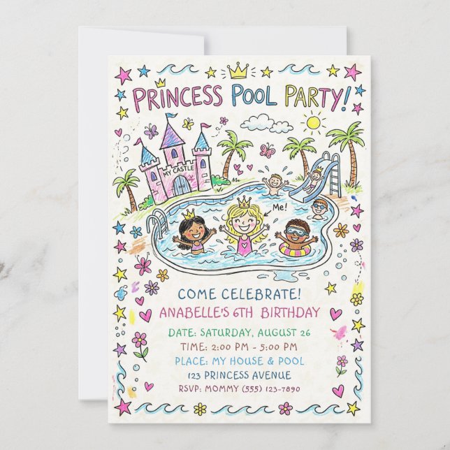 Invitation à la fête de la princesse à la piscine (Devant)