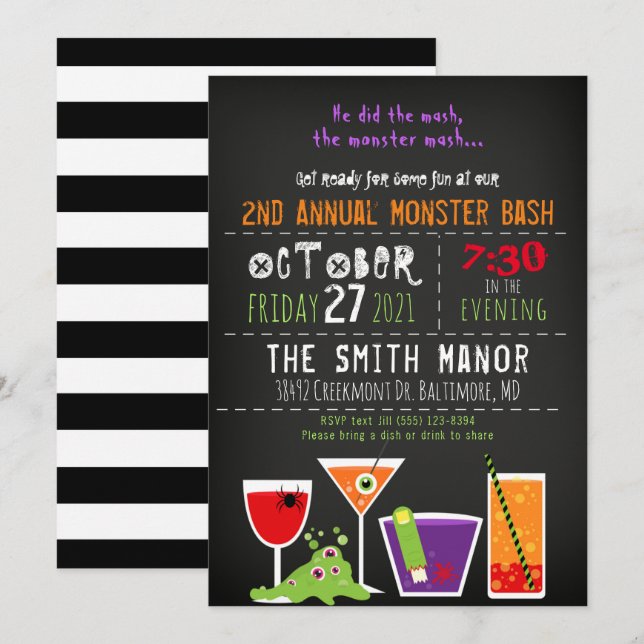 Invitation à la fête de l'Halloween de Monster Mas (Devant / Derrière)
