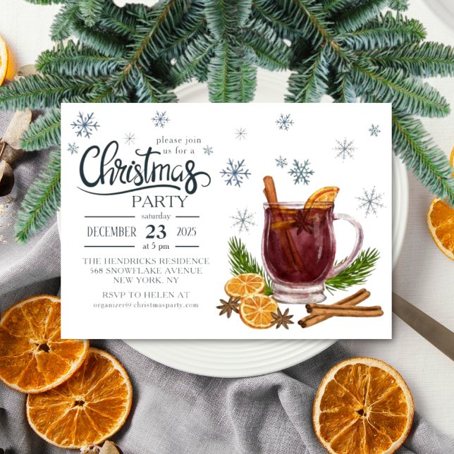 Invitation à la fête de Noël à l'aquarelle (Watercolor Christmas Party Invitation with mulled wine)