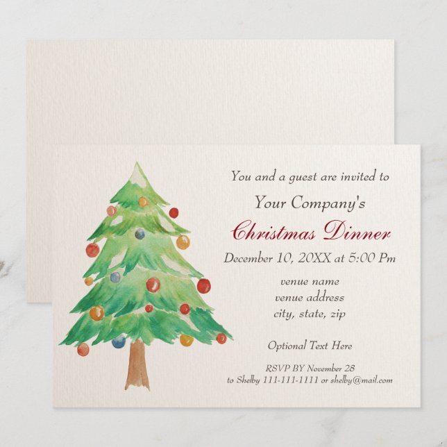 Invitation à la fête de Noël arbre de Noël aquarel (Devant / Derrière)