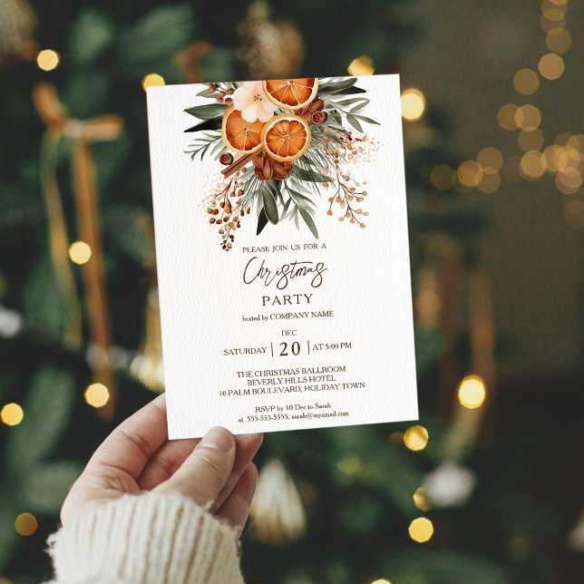 Invitation à la fête de Noël au bureau (Office Christmas Party invitation template Modern Rustic dried citrus fruit winter greenery)