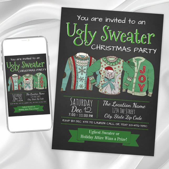 Invitation à la fête de Noël au pull moche sur tab (Ugly sweater Christmas party invitation. Instant download and printed invitations available.)