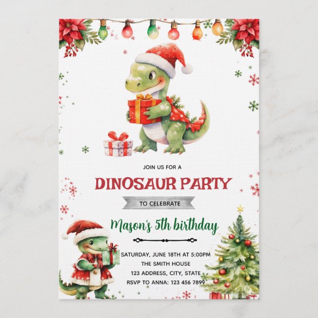 Invitation à la fête de Noël avec dinosaure (Devant)