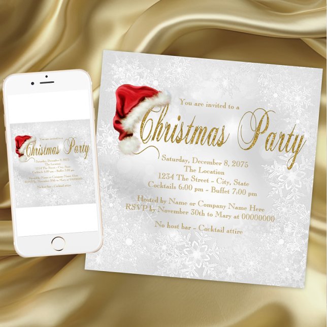Invitation à la fête de Noël avec flocon de neige  (Red Santa Hat Snowflake Christmas Party. Instant download and printed invitations available.)