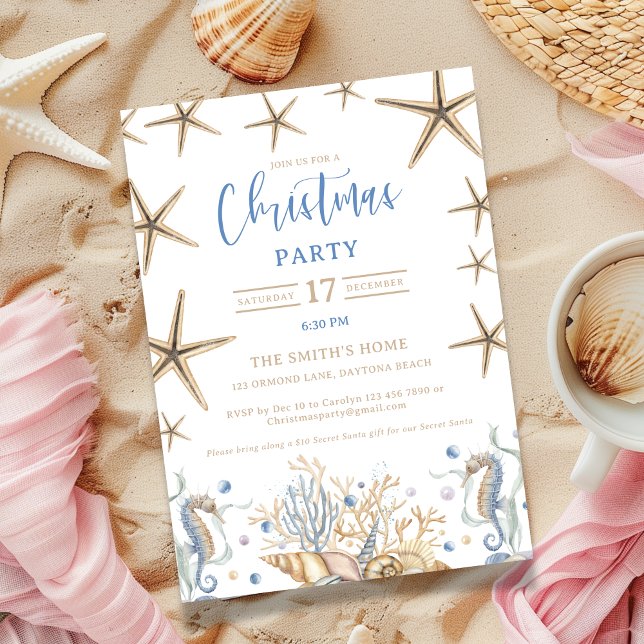 Invitation à la fête de Noël côtière (oastal Christmas invite featuring a soothing blend of sand and blue colors and delicate sea stars)