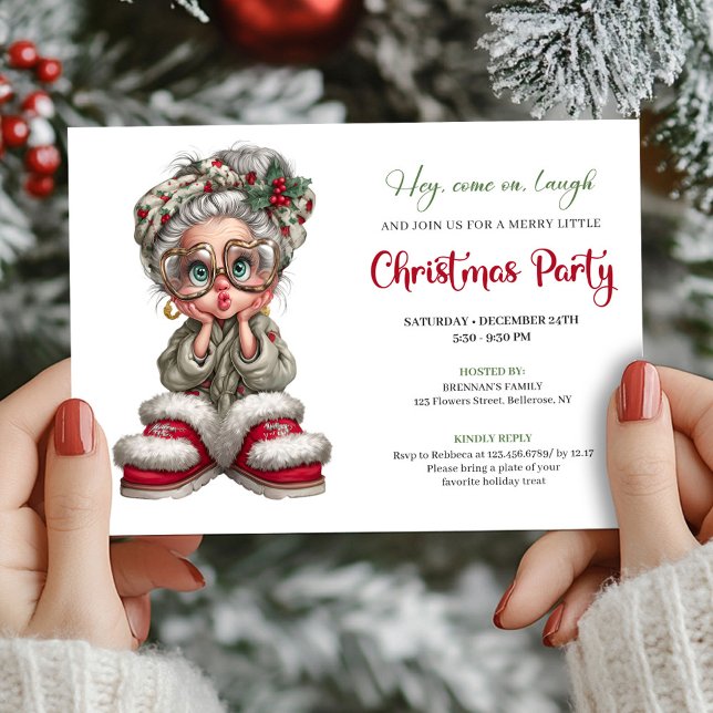 Invitation à la fête de Noël de Grand-mère en dess (Christmas Grandma Cartoon Party Event Invitation)
