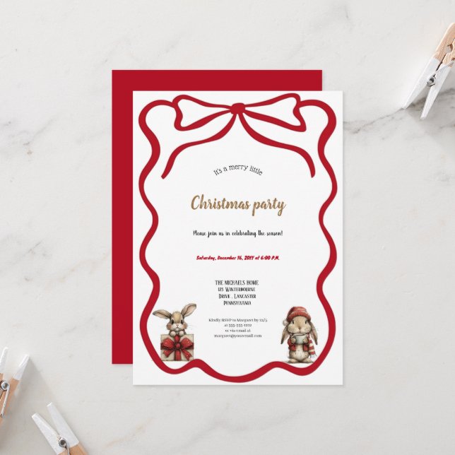 invitation à la fête de Noël de lapins rouges mign (Devant/Arrière en situation)