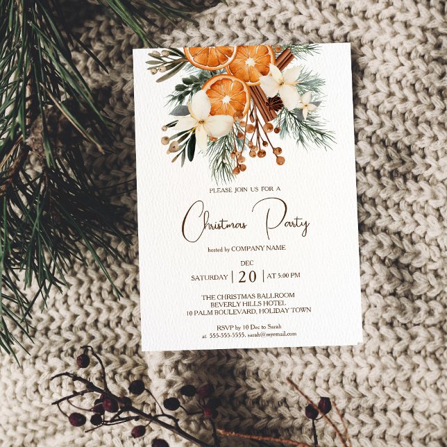 Invitation à la fête de Noël de l'entreprise (Office Company Christmas Holiday Party invitation template rustic winter botanical citrus watercolor)