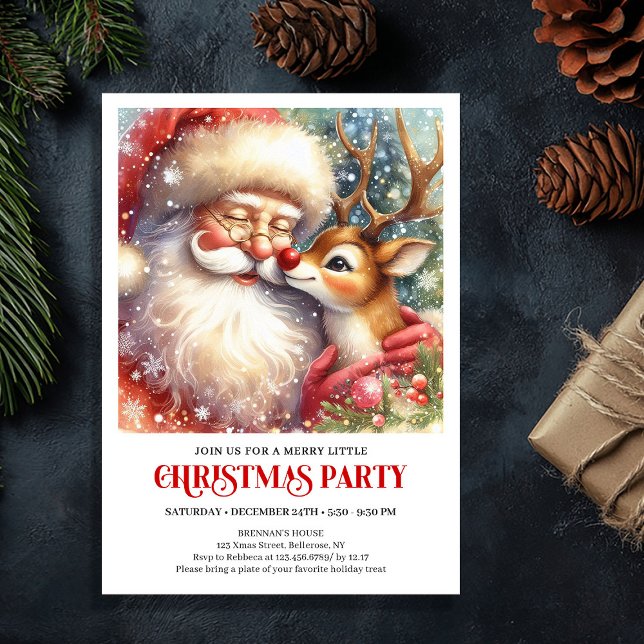 Invitation à la fête de Noël de Père Noël et Rudol (Santa and Red Nose Rudolph Christmas Party Invite)